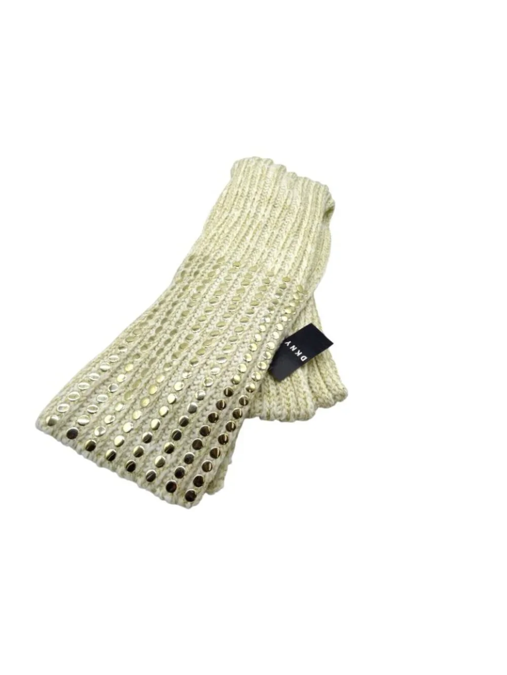 DKNY Flat-Stud Metallic Rib-Knit Scarf and Beanie Combo  Ivory/Gold